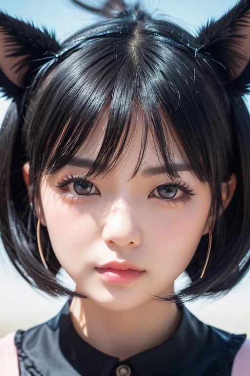 black hair, hair bobbles, wince, longeyelashes, solid circle eyes, fake animal ears, ear blush, fang, ccurate, Surrealism, drop shadow, anaglyph, stereogram, tachi-e, pov, atmospheric perspective, 8k, super detail, best quality, masterpiece