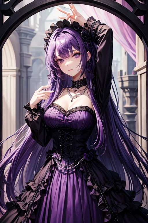 purple hair , LARGE CHAINS, PURPLE DRESS WITH BLACK, purples eyes, GOTHIC STYLE CASTLE BACKGROUND, Simpler, dainty, COVERING THE BODY