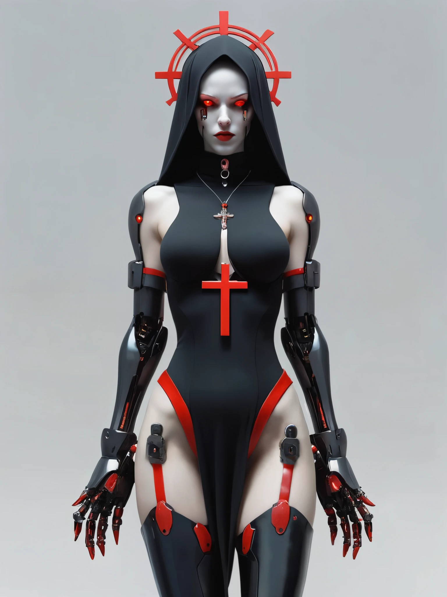 ral-opal, meahophontron, full body, woman robot face, Cyberpunk, devil nun, negro, looking at camera, body nun clothes, red eyes, primer plano looking at camera, realist, beautifull woman, sexy face, black clothes, gray and red, Red high heels, holding red crucifix.