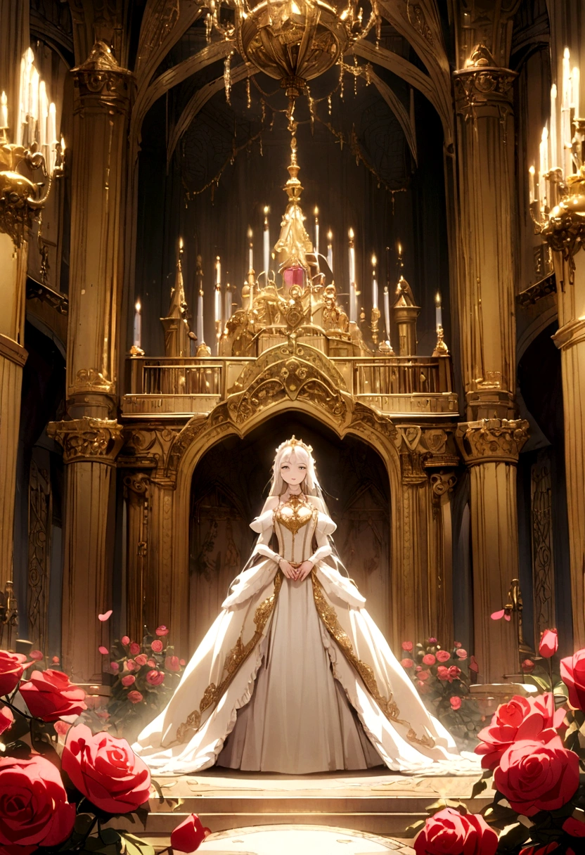 A queen with albino hair and golden eyes being in a palace surrounded by roses
