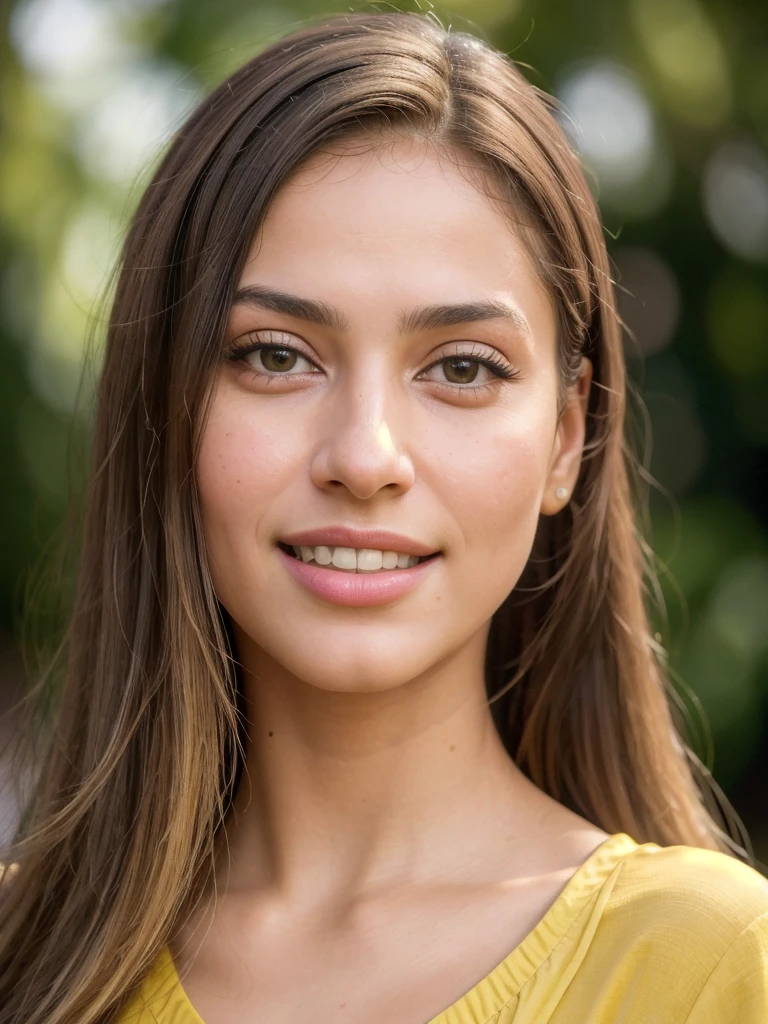 a beautiful young woman, 20 years old, modest arab girl, cute face with small nose, bright yellow shirt, long black/blonde hair, light brown eyes, skinny face, cute smile, white teeth, (best quality,4k,8k,highres,masterpiece:1.2),ultra-detailed,(realistic,photorealistic,photo-realistic:1.37),HDR,UHD,studio lighting,ultra-fine painting,sharp focus,physically-based rendering,extreme detail description,professional,vivid colors,bokeh,portrait