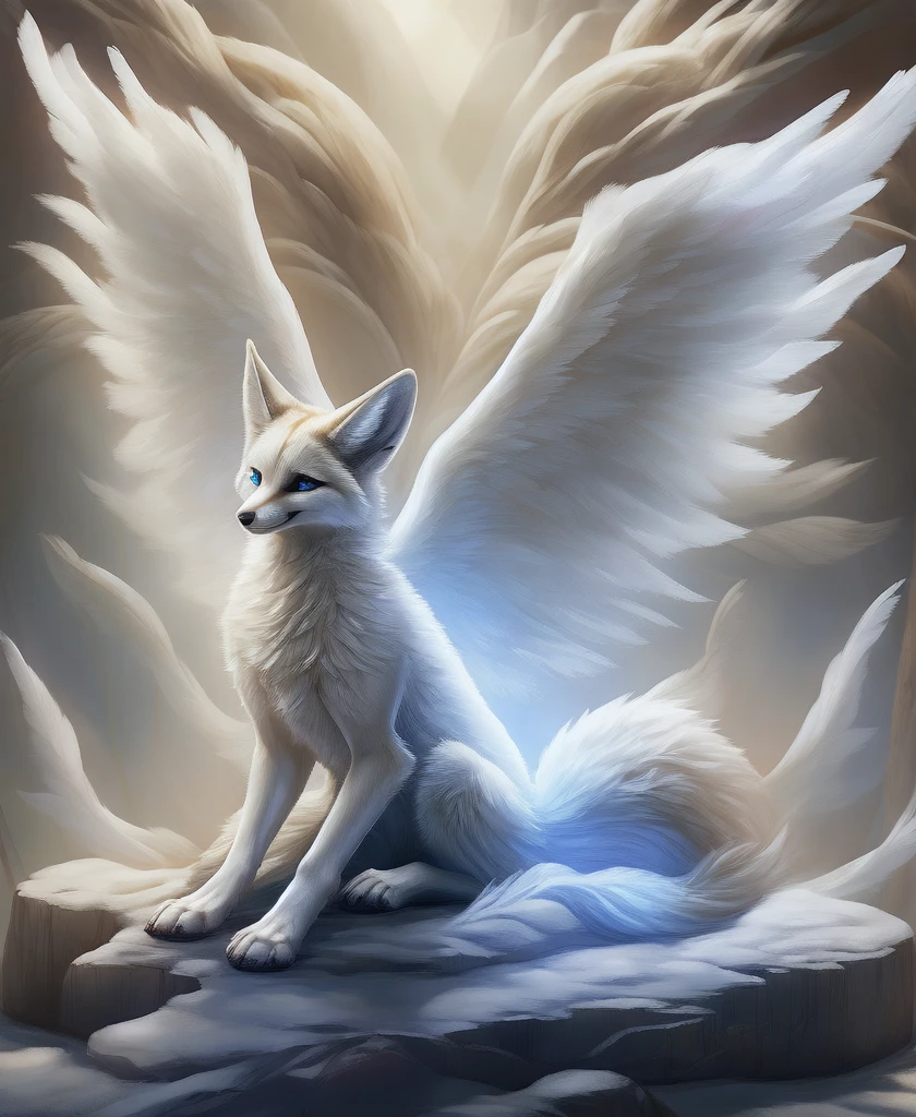 falvie 
asian_mythology east_asian_mythology mythology 
canid canine fox mammal will-o'-the-wisp 
2017 digital_media_(artwork) 
ambiguous_gender blue_eyes detailed_background feral fox_spirit fur kitsunebi multi_tail paws shrine sitting smile solo tail white_body white_fur, white angel wings 