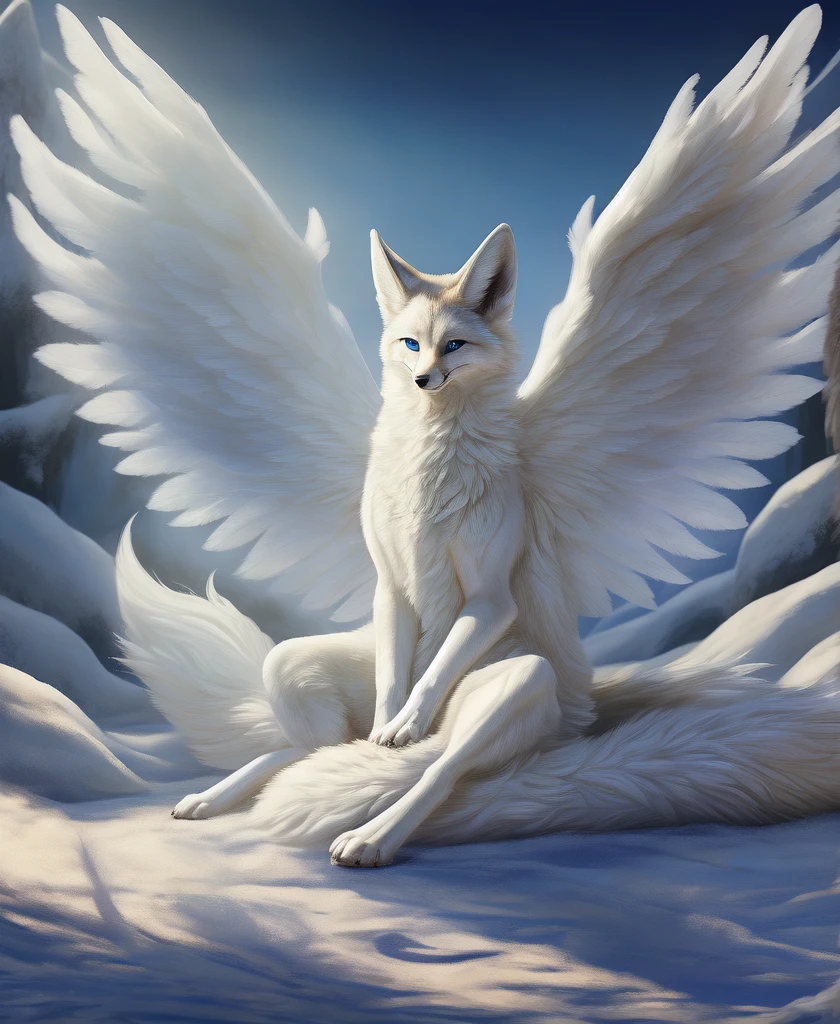 falvie 
asian_mythology east_asian_mythology mythology 
canid canine fox mammal will-o'-the-wisp 
2017 digital_media_(artwork) 
ambiguous_gender blue_eyes detailed_background feral fox_spirit fur kitsunebi multi_tail paws shrine sitting smile solo tail white_body white_fur, white angel wings 