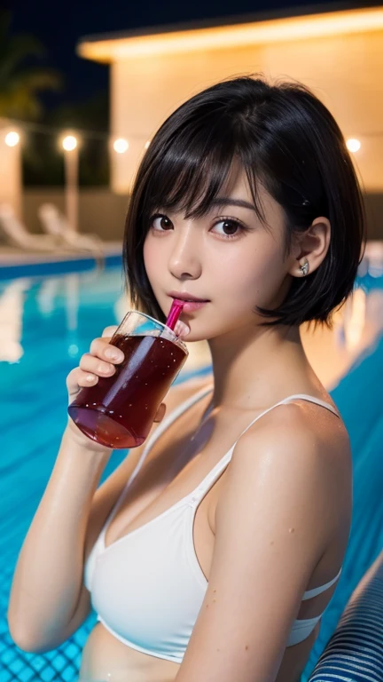 ((Girl drinking a drink at the pool at night:1.3)), (High resolution:1.3), (16K, Realistic, RAW Photos, Best image quality: 1.4), Japanese, (One Girl), Beautiful Face, (Lively Faces), (Black-haired、short hair:1.3), Beautiful Hairstyles, Realistic eyes, Beautiful and exquisite, (Realistic Skin), Beautiful skins, charm, High detail, Golden Ratio, Highly detailed cute girl,(20-year-old)
