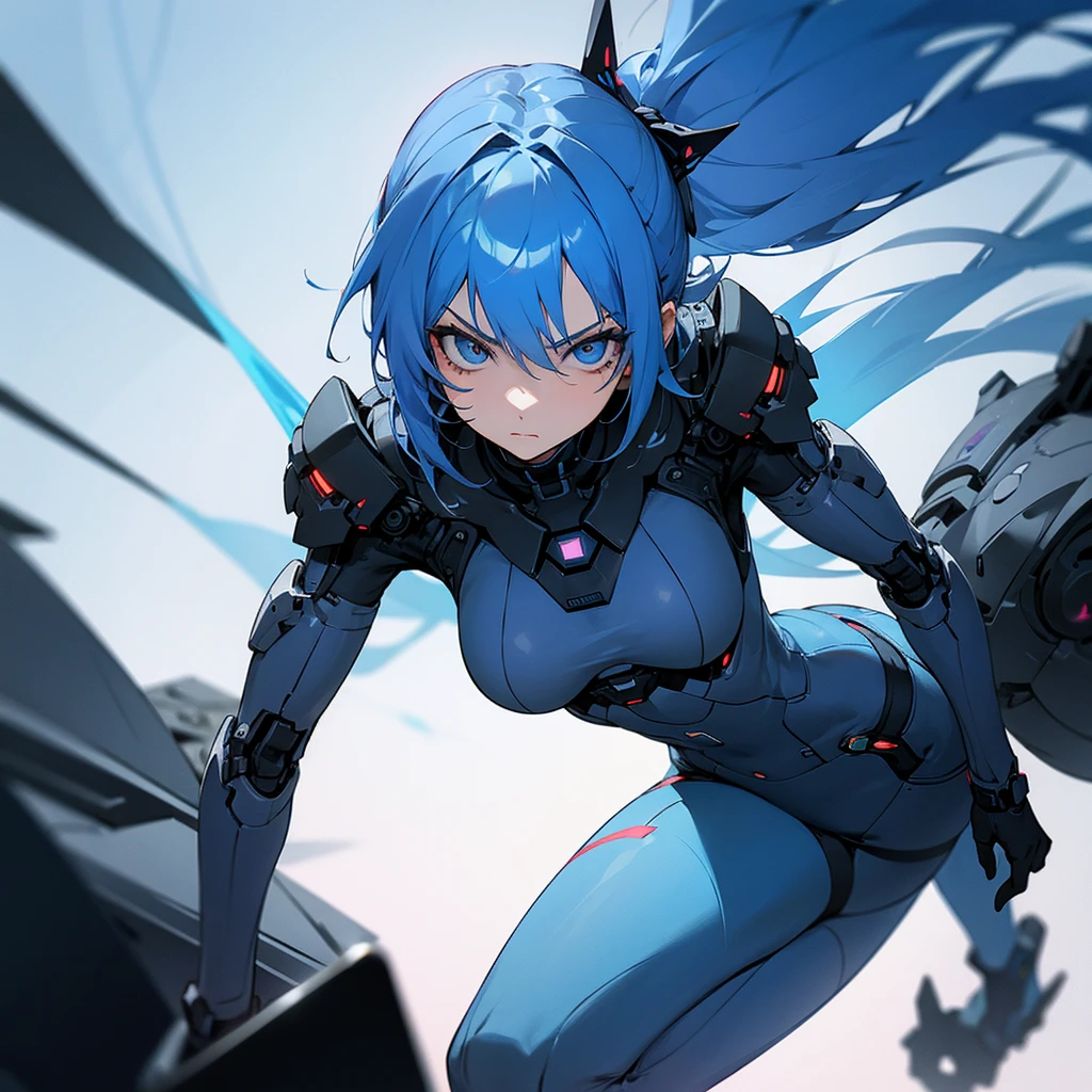 MYSTERY, intrigue, 1 girl with blue hair, glare, futuristic background