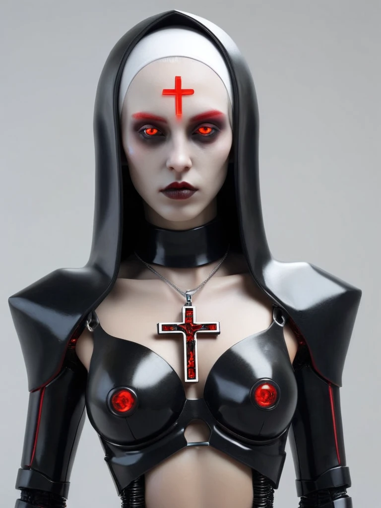 ral-opal, meahophontron, full body, woman robot face, Cyberpunk, devil nun, negro, looking at camera, body nun clothes, red eyes, primer plano looking at camera, realist, beautifull woman, sexy face, black clothes, gray and red, Red high heels, holding red crucifix.