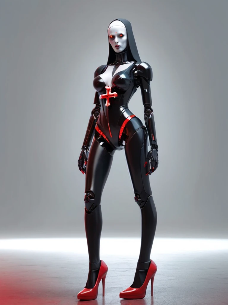 ral-opal, meahophontron, full body, woman robot face, Cyberpunk, devil nun, negro, looking at camera, body nun clothes, red eyes, primer plano looking at camera, realist, beautifull woman, sexy face, black clothes, gray and red, Red high heels, holding red crucifix.