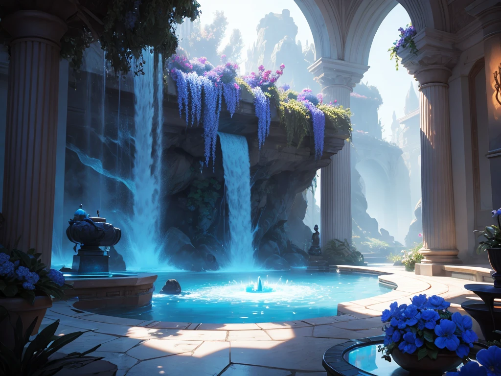there is a fountain with a blue flower in it in a room, unreal engine render concept art, unreal engine art, unreal engine fantasy art, ( ( unreal engine ) ), unreal engine screenshot, unreal engine art 5, rendered in unreal engine, unreal 6 breathtaking detailed, rendered in the unreal engine, unreal engine 5 digital art, unreal engine 5 lighting