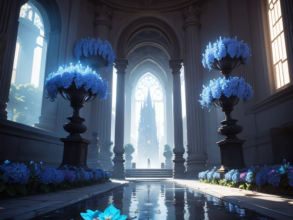 there is a fountain with a blue flower in it in a room, unreal engine render concept art, unreal engine art, unreal engine fantasy art, ( ( unreal engine ) ), unreal engine screenshot, unreal engine art 5, rendered in unreal engine, unreal 6 breathtaking detailed, rendered in the unreal engine, unreal engine 5 digital art, unreal engine 5 lighting