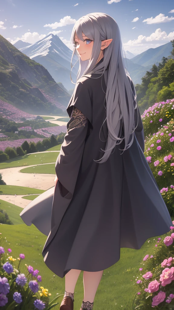 Highest quality、4K、masterpiece、Wonderful landscape、Hills covered with flowers、A beautiful elf girl looks back with a smile（Wizard Robe、tattoo:9.5、Gray Hair、Very long hair）、Shooting from a distance