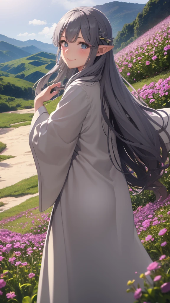 Highest quality、4K、masterpiece、Wonderful landscape、Hills covered with flowers、A beautiful elf girl looks back with a smile（Wizard Robe、tattoo:9.5、Gray Hair、Very long hair）、Shooting from a distance