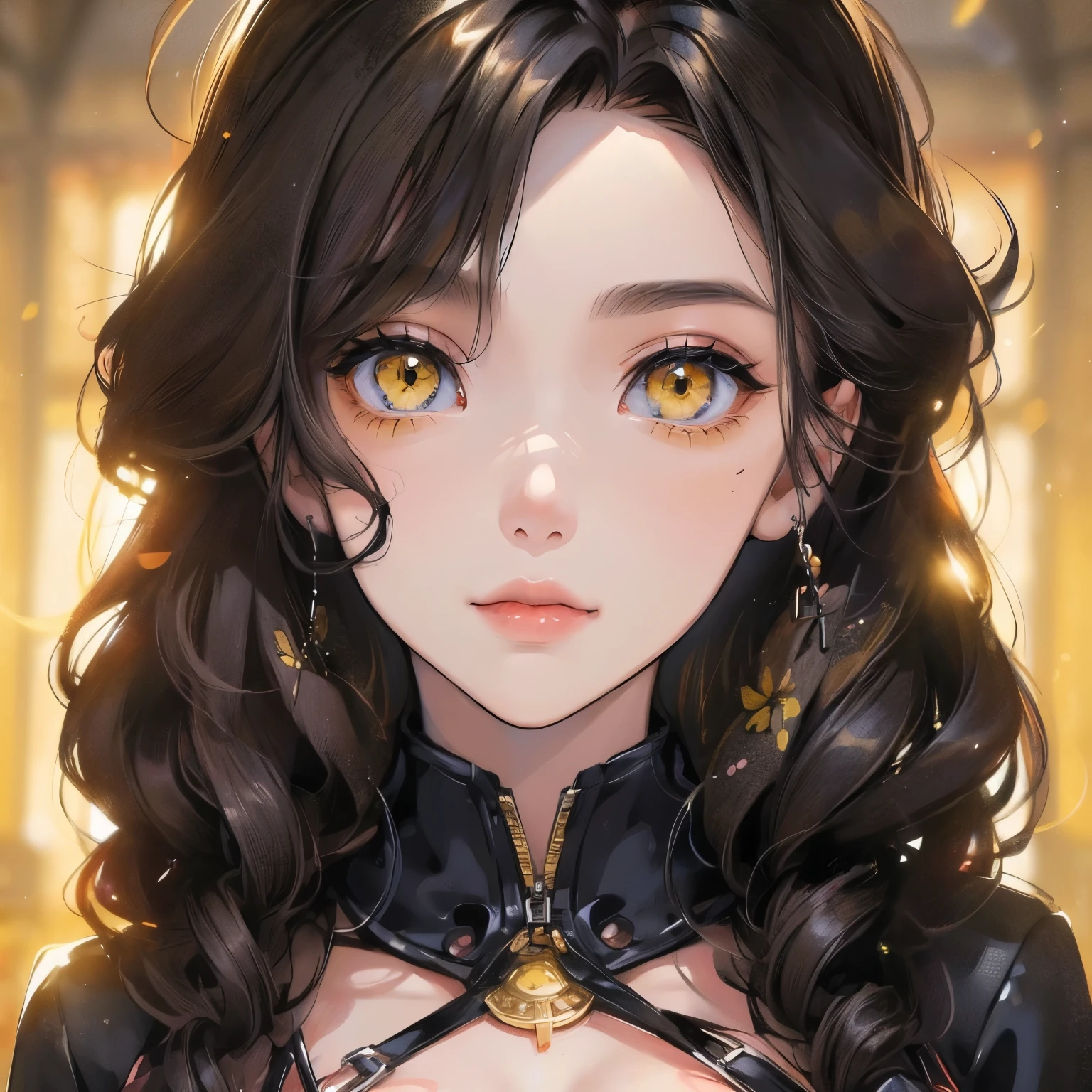 (portrait:1.5), Emphasizes cleavage、Black Hair Curly Hair、Yellow eyes, eyes, woman