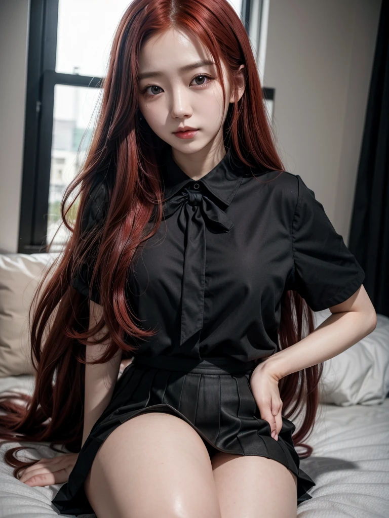 Korean with long red hair, wearing a black skirt and blouse