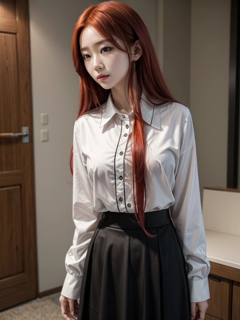 Korean with long red hair, wearing a black skirt and blouse