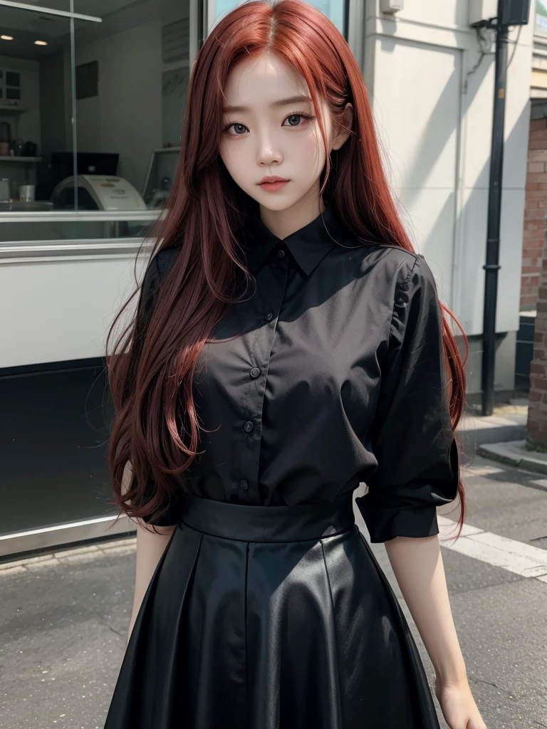 Korean with long red hair, wearing a black skirt and blouse