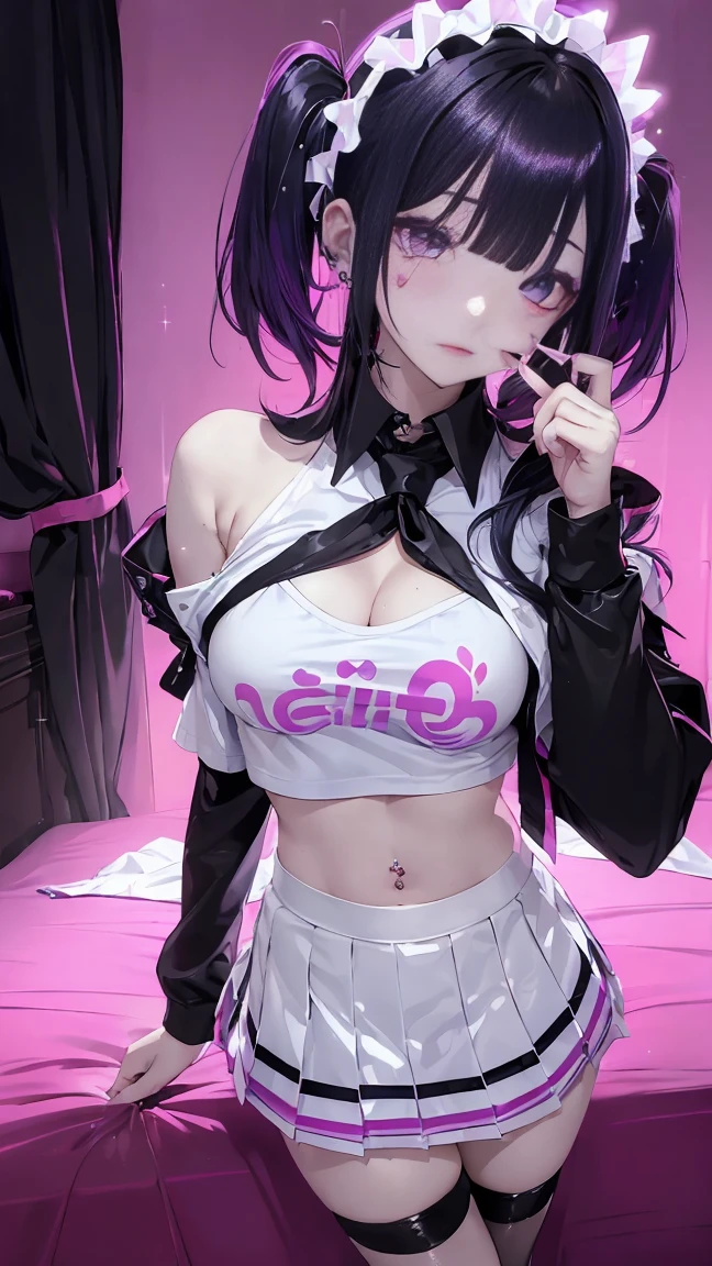 (masterpiece, Highest quality, Highest quality, Official Art, beautifully、aesthetic:1.2), (2 girls:1.8), Cinema Lighting、(Key Light:Front 45 degree angle, Subsidy light、Backlight、Shadow、Blue and orange color palette), Accurate human body、Someone knowledgeable、Correct five-finger、RAW Photos、 4K - ultra-vivid、Highest quality, masterpiece, Ultra-high resolution, (reality: 1.4),
1 girl、/Pink long hair/、(((/Black and purple super shiny latex panties/)))、((( /Dark Skin/ , /White shirt and tie/ , high school girl、Pleated skirt , Cleavage ,Oilskin)))、(Shiny body: 1.5)、 Be embarrassed、(Ahegao:1.5)、((/Black Mask/))、Full of embarrassment、Sexy pose、((vapor))、/break/, On the bed in a love hotel、(((/Pink lighting/)))、dim, Nasty room、Desaturation in the room
(((Oilskin,Glowing Skin、Realistic skin texture、Beautiful skin in every detail、Shiny skin、Shiny skin)))、
Upper Body Shot, Low camera angle, Written boundary depth, Focus on the center, Fine Eyes, Perfect face and eyes、
1 girl、
17 years old, (Goth Makeup), (White skin), (T-shirt and skirt), (Show below ), (Fishnet tights), (Belly Button Jewelry), (Earrings), (Earringsのついた唇), /Purple eyes/, /Short black emo hair/, (Big Breasts), (8K), (wallpaper), (Dynamic Lighting), (Detailed face and eyes:1.2)、Short skirt、Low-cut platform boots and oversized shirts、Off the shoulder, /break/