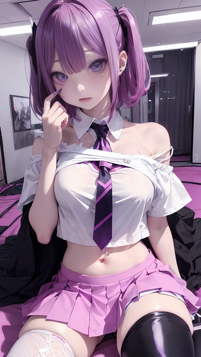 (masterpiece, Highest quality, Highest quality, Official Art, beautifully、aesthetic:1.2), (2 girls:1.8), Cinema Lighting、(Key Light:Front 45 degree angle, Subsidy light、Backlight、Shadow、Blue and orange color palette), Accurate human body、Someone knowledgeable、Correct five-finger、RAW Photos、 4K - ultra-vivid、Highest quality, masterpiece, Ultra-high resolution, (reality: 1.4),
1 girl、/Pink long hair/、(((/Black and purple super shiny latex panties/)))、((( /Dark Skin/ , /White shirt and tie/ , high school girl、Pleated skirt , Cleavage ,Oilskin)))、(Shiny body: 1.5)、 Be embarrassed、(Ahegao:1.5)、((/Black Mask/))、Full of embarrassment、Sexy pose、((vapor))、/break/, On the bed in a love hotel、(((/Pink lighting/)))、dim, Nasty room、Desaturation in the room
(((Oilskin,Glowing Skin、Realistic skin texture、Beautiful skin in every detail、Shiny skin、Shiny skin)))、
Upper Body Shot, Low camera angle, Written boundary depth, Focus on the center, Fine Eyes, Perfect face and eyes、
1 girl、
, (Goth Makeup), (White skin), (T-shirt and skirt), (Show below ), (Fishnet tights), (Belly Button Jewelry), (Earrings), (Earringsのついた唇), /Purple eyes/, /Short black emo hair/, (Big Breasts), (8K), (wallpaper), (Dynamic Lighting), (Detailed face and eyes:1.2)、Short skirt、Low-cut platform boots and oversized shirts、Off the shoulder, /break/