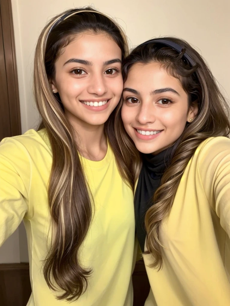 20YO, small nose, one women,attractive, Jordanian, Arab, Bright Yellow shirt, cute smile, cute face, white teethes, skinny face, light brown eyes, black/blonde long hair, modest, selfie