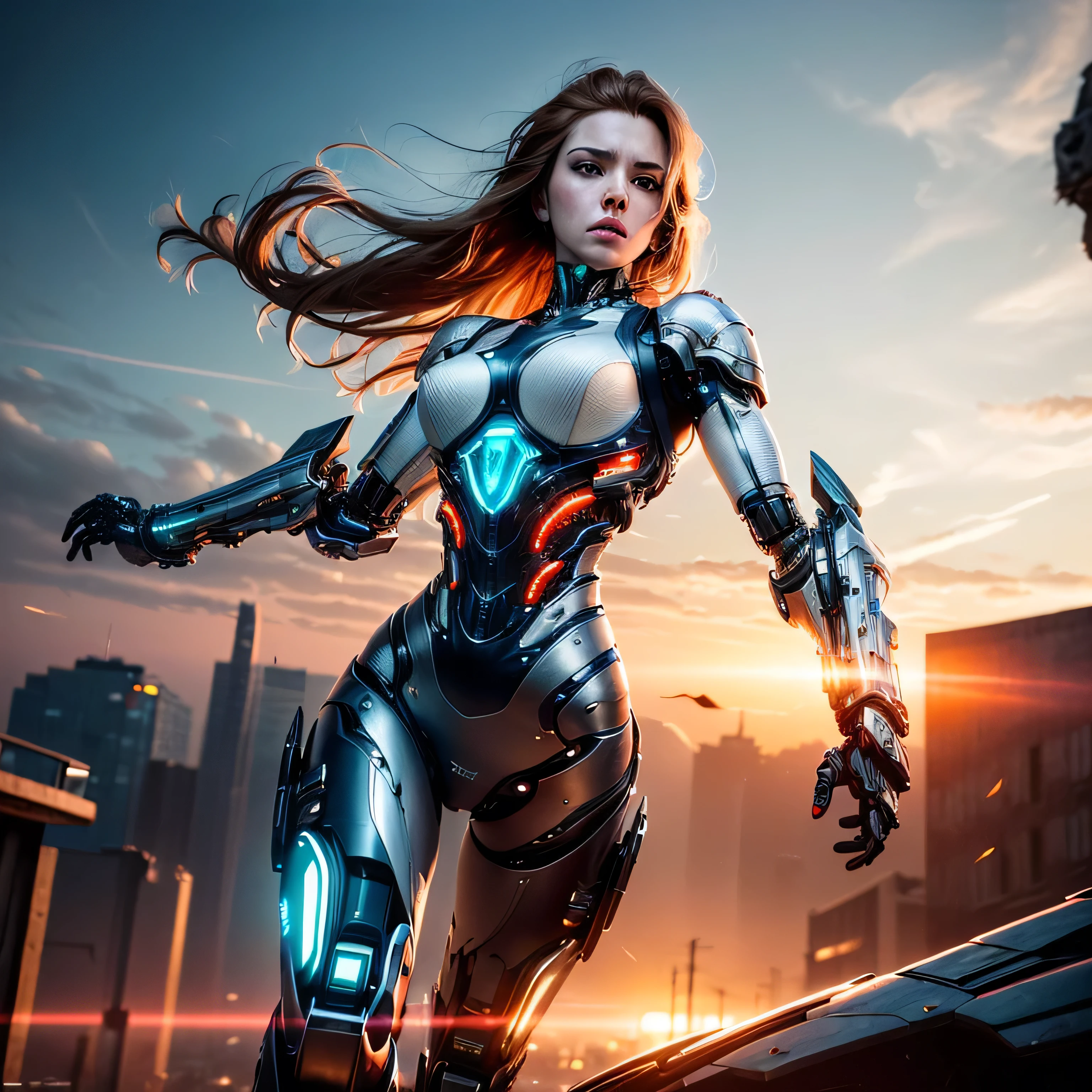 (masterpiece, photorealistic:1.4, extremely intricate:1.3), (photon mapping, radiosity, physically based rendering, ultra resolution, hyper-realistic, hyper-realistic, 8K, (dtx)), muscular girl, ((lacquered white perfectchainmail armor:0.8, ((mechanical limbs, cybernetic arms, futuristic cyborg, ((weapon)), razorwhip)), intense, [skin detail:freckles:0.8])), metal reflections, outdoors, sunset, background futuristic city, far away city destruction, god rays blasting a crater, professional photograph, (straight ginger hair, wind, windy, running dynamic movement pose, arm raised), sharp focus, dramatic, award winning, (film grain, bokeh, interaction)