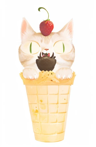 there is a cat that is sitting in a ice cream cone, ice cream cone, illustration of a cat, ice cream, eating ice - cream, a cat, by Nishida Shun'ei, gary baseman, by Maeda Masao, cacodemon, ice cream cones, strawberry ice cream, by Nakahara Nantenbō, giant cat monster