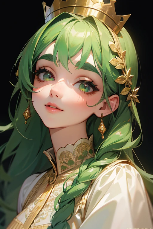 (Highest quality, masterpiece:1.2), High resolution, Very detailed, Realistic:1.37, Fantasy, An illustration, Green Eyes、Queen, White lace dress.Platinum decoration、beautifully、Eyeshadow Red、Thick eyebrows、Long eyelashes、pupils are black、Her hair is dark green、Gold crown、Kissing Face、Embarrassing、Beloved by the crowd、Hair is green、Braiding、hair ornaments、Laugh aloud、