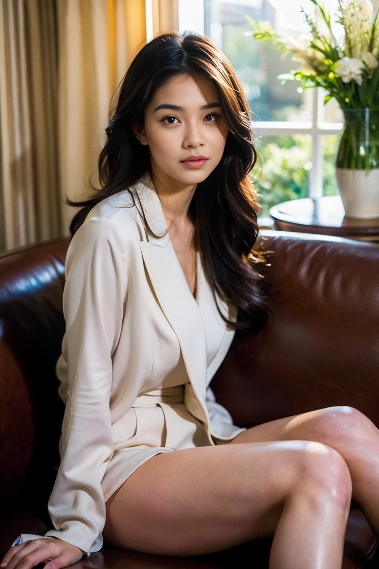 A photorealistic portrait of a 21-year-old colombian girl with long, flowing dark hair and striking dark eyes .She should have a natural, approachable expression and be illuminated by soft, golden-hour sunlight. She has to do a  pose sitting on a sofa, the background will be the living room of a house. Capture this image with a high-resolution photograph using an 85mm lens for a flattering perspective.