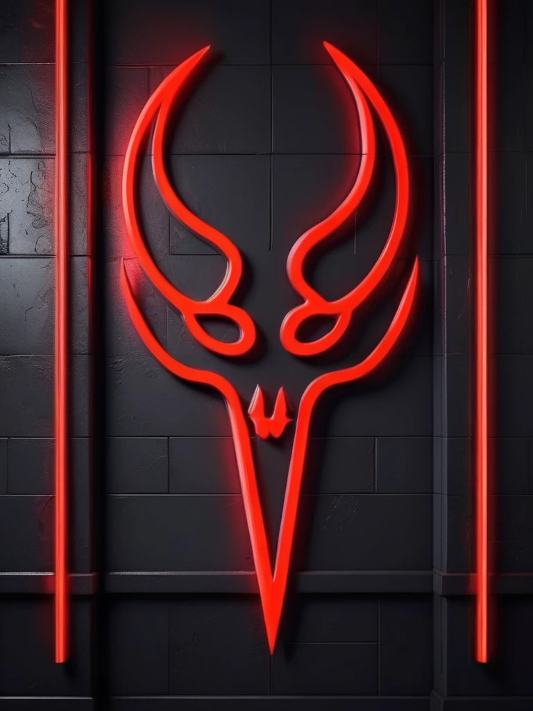 white satanic background,, neon light, demon symbology style, Red color, black and dark gray, on smooth church wall