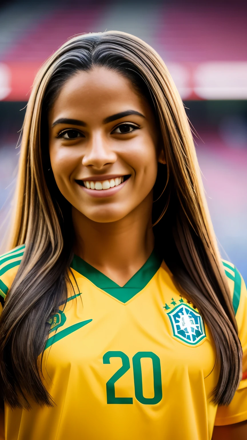A detailed, high-quality portrait of a Brazilian woman wearing a soccer uniform, with long hair and a warm smile, captured in an 8K RAW photo, showcasing realistic textures and a third-party perspective, masterful artwork with vivid colors and fine details.