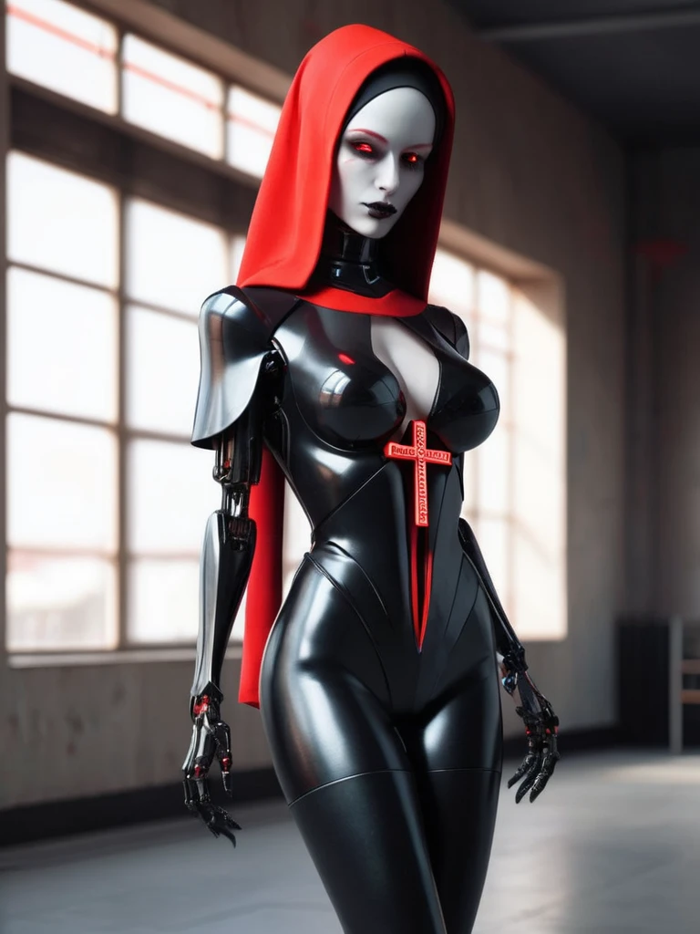 ral-opal, meahophontron, full body, woman robot face, Cyberpunk, devil nun, , looking at camera, body nun clothes, red eyes, primer plano looking at camera, realist, beautifull woman, sexy face, black clothes, gray and red, Red high heels, holding red crucifix.