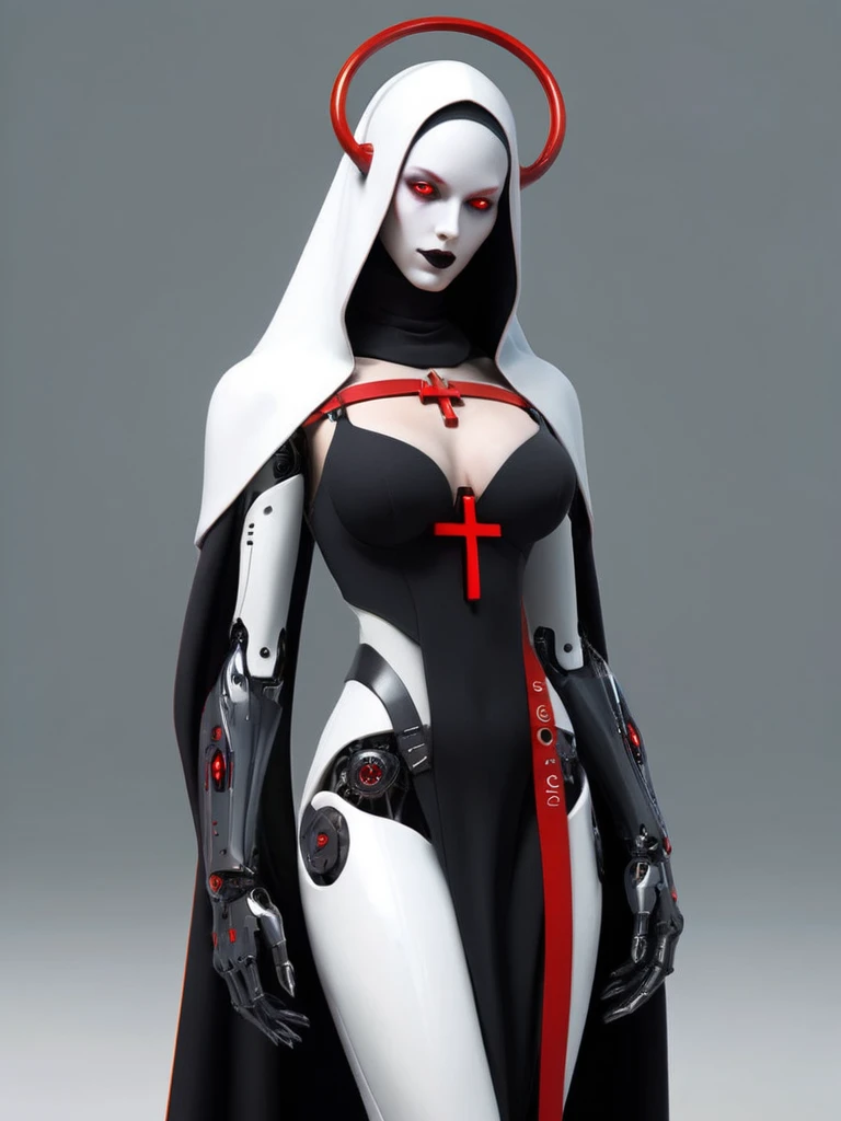 ral-opal, meahophontron, full body, woman robot face, Cyberpunk, devil nun, , looking at camera, body nun clothes, red eyes, primer plano looking at camera, realist, beautifull woman,  face, black clothes, gray and red, Red high heels, holding red crucifix.