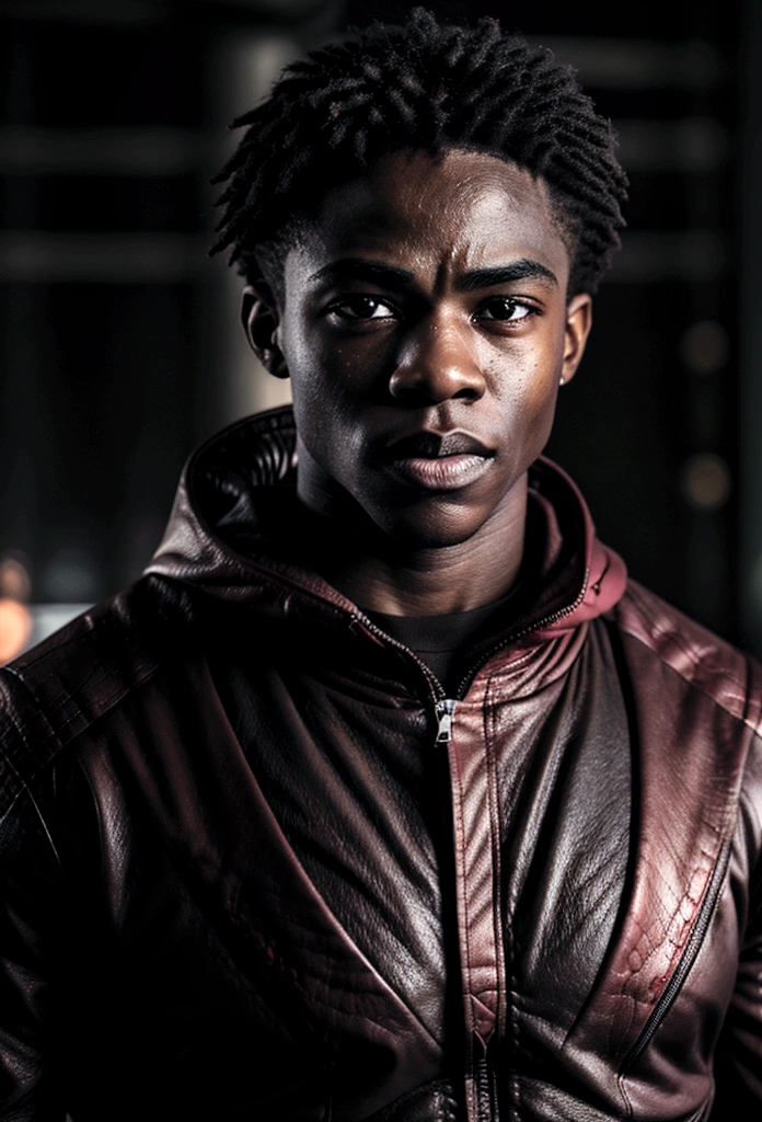 A realistic depiction of a 22-year-old African American Barry Allen, a.k.a. The Flash, running through an apocalyptic world, determined to save the universe from evil villains. Hyper-realistic, focusing on detailed textures and lifelike portrayal. Emphasis on the intensity and urgency of Barry's mission with dramatic lighting and atmospheric effects.A devastated urban landscape, the remnants of a once-great city now in ruins. Skyscrapers are partially collapsed, vehicles are abandoned and overturned, and fires rage unchecked. The sky is a tumultuous mix of dark storm clouds and lightning, casting an eerie glow over the scene.Barry Allen, captured in mid-run. His figure is sharply focused, showing every muscle and expression in vivid detail. His face shows determination and resolve, eyes set straight ahead as he races against time.A young African American man with short, tightly curled hair and an athletic build. He wears a meticulously detailed version of the Flash suit, designed with a realistic texture that suggests advanced materials and wear from previous battles. The suit is primarily red with gold accents, slightly battle-worn, but still functional.Arcs of lightning in shades of red and gold trail behind Barry, illustrating the immense speed and power he commands. The ground beneath him cracks and sparks as he runs,       emphasizing the force of his movement.In the background, vague shapes of menacing villains loom, shrouded in smoke and shadows. Their presence adds a palpable sense of danger and urgency. Other elements of chaos, like flying debris and shattered glass, further enhance the apocalyptic feel.The scene is charged with tension and energy, a world on the brink of collapse but with a glimmer of hope embodied by Barry.The contrast between the dark, ruined environment and the bright, electrifying presence of Barry underscores his role as a beacon of hope.