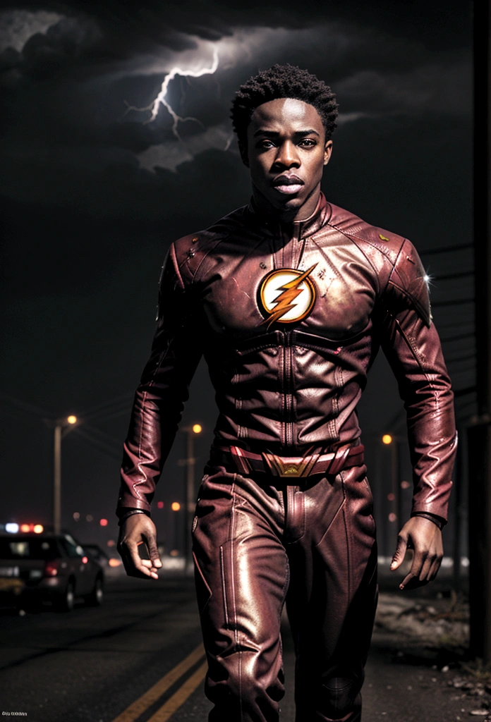 A realistic depiction of a 22-year-old African American Barry Allen, a.k.a. The Flash, running through an apocalyptic world, determined to save the universe from evil villains. Hyper-realistic, focusing on detailed textures and lifelike portrayal. Emphasis on the intensity and urgency of Barry's mission with dramatic lighting and atmospheric effects.A devastated urban landscape, the remnants of a once-great city now in ruins. Skyscrapers are partially collapsed, vehicles are abandoned and overturned, and fires rage unchecked. The sky is a tumultuous mix of dark storm clouds and lightning, casting an eerie glow over the scene.Barry Allen, captured in mid-run. His figure is sharply focused, showing every muscle and expression in vivid detail. His face shows determination and resolve, eyes set straight ahead as he races against time.A young African American man with short, tightly curled hair and an athletic build. He wears a meticulously detailed version of the Flash suit, designed with a realistic texture that suggests advanced materials and wear from previous battles. The suit is primarily red with gold accents, slightly battle-worn, but still functional.Arcs of lightning in shades of red and gold trail behind Barry, illustrating the immense speed and power he commands. The ground beneath him cracks and sparks as he runs,       emphasizing the force of his movement.In the background, vague shapes of menacing villains loom, shrouded in smoke and shadows. Their presence adds a palpable sense of danger and urgency. Other elements of chaos, like flying debris and shattered glass, further enhance the apocalyptic feel.The scene is charged with tension and energy, a world on the brink of collapse but with a glimmer of hope embodied by Barry.The contrast between the dark, ruined environment and the bright, electrifying presence of Barry underscores his role as a beacon of hope.