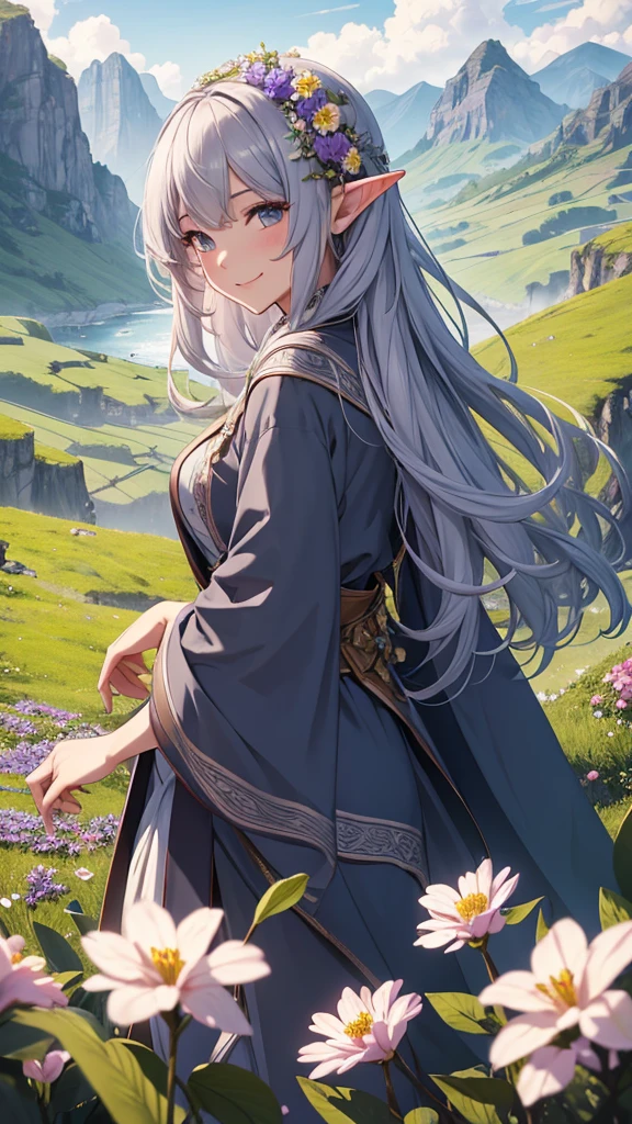 Highest quality、4K、masterpiece、Wonderful landscape、Hills covered with flowers、A beautiful elf girl looks back with a smile（Wizard Robe、tattoo:9.5、Gray Hair、Very long hair）、Shooting from a distance