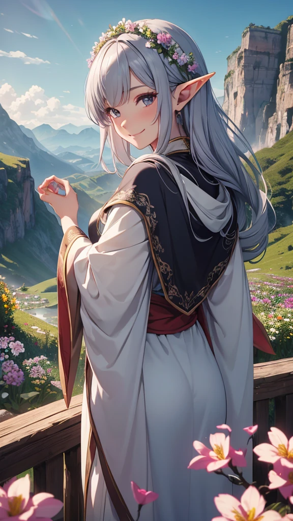 Highest quality、4K、masterpiece、Wonderful landscape、Hills covered with flowers、A beautiful elf girl looks back with a smile(Wizard Robe、tattoo:9.5、Gray Hair、Very long hair)、Shooting from a distance