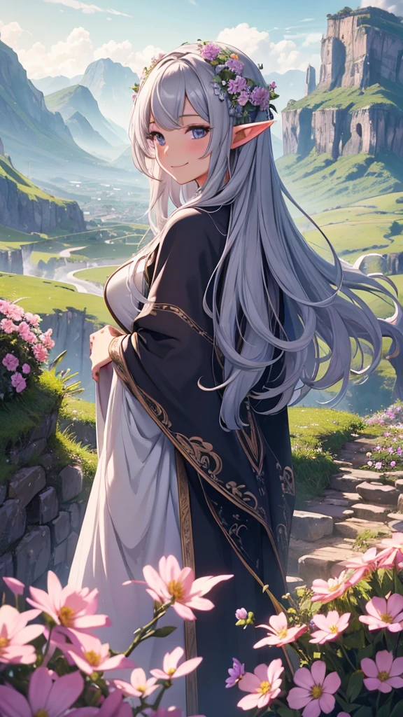 Highest quality、4K、masterpiece、Wonderful landscape、Hills covered with flowers、A beautiful elf girl looks back with a smile（Wizard Robe、tattoo:9.5、Gray Hair、Very long hair）、Shooting from a distance