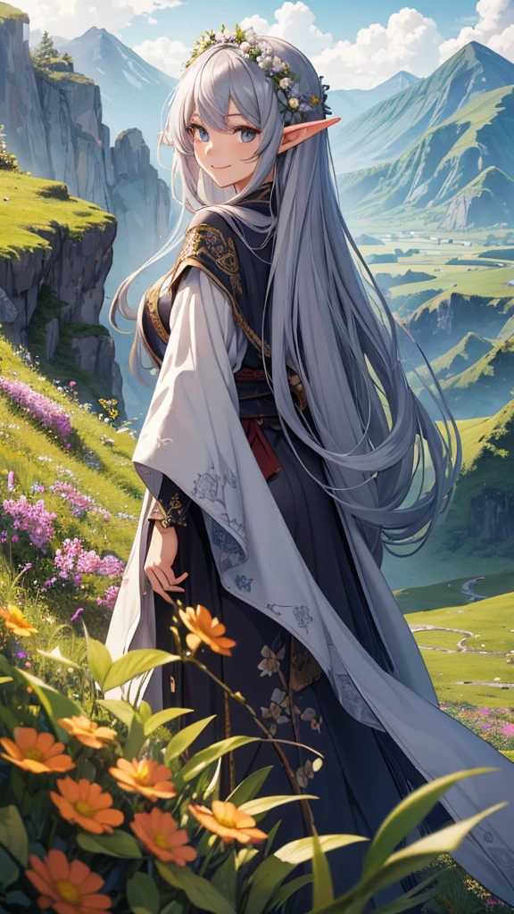 Highest quality、4K、masterpiece、Wonderful landscape、Hills covered with flowers、A beautiful elf girl looks back with a smile(Wizard Robe、tattoo:9.5、Gray Hair、Very long hair)、Shooting from a distance