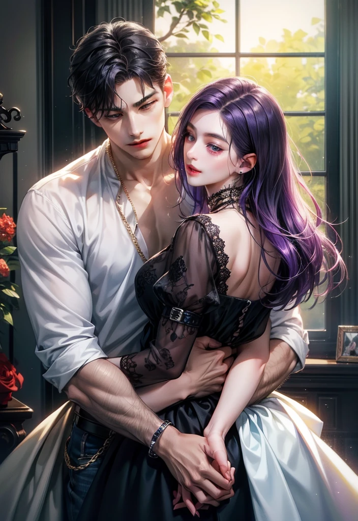 ​masterpiece, top-quality, 2Others, Male and female couples, 1 man and 1,, Adults, Height difference, different fashion, different color, finely eye and detailed face, intricate detailes, Casual clothing, Oversized shirt, Modern urban streets, Hands on back, A smile, Happiness, tenderness, high-level image quality、 beautiful male、tall、hug from behind、Trying to kiss、window、nightfall、nighttime scene、𝓡𝓸𝓶𝓪𝓷𝓽𝓲𝓬、Korean Male, Idol Photos, k pop, Professional Photos, Vampires, Korean fashion in black and white, By Fedman with a necklace, inspired by Sim Sa-jeong, androgynous vampire, :9 detailed face: 8, extra detailed face, detailed punk hair, ((asa)) baggy eyes, Seductive. Highly detailed, semi realistic anime, Vampires, hyperrealistic teen, delicate androgynous prince, imvu, short hair above the ears, Man with short hair, Woman with long hair, A man with a glaring expression and a woman with a gentle expression, With a short-haired man with bright purple hair, Woman with pretty long black hair, pregnant woman