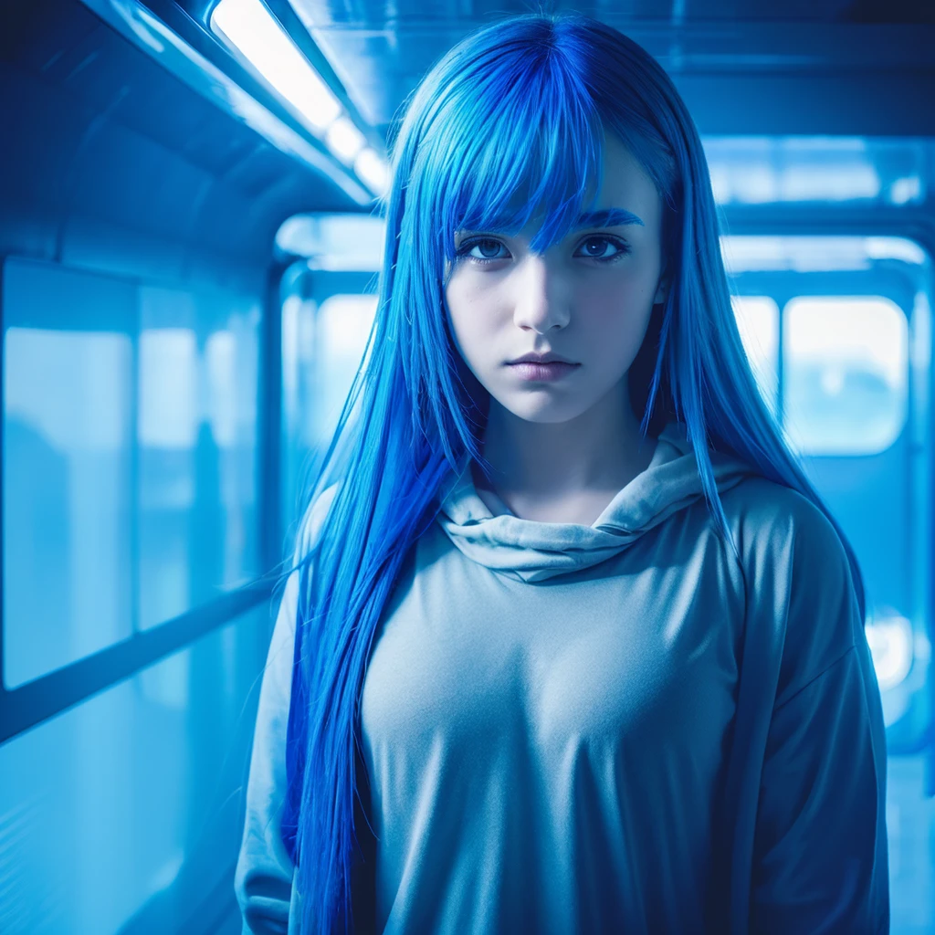 MYSTERY, intrigue, 1 girl with blue hair, glare, futuristic background 