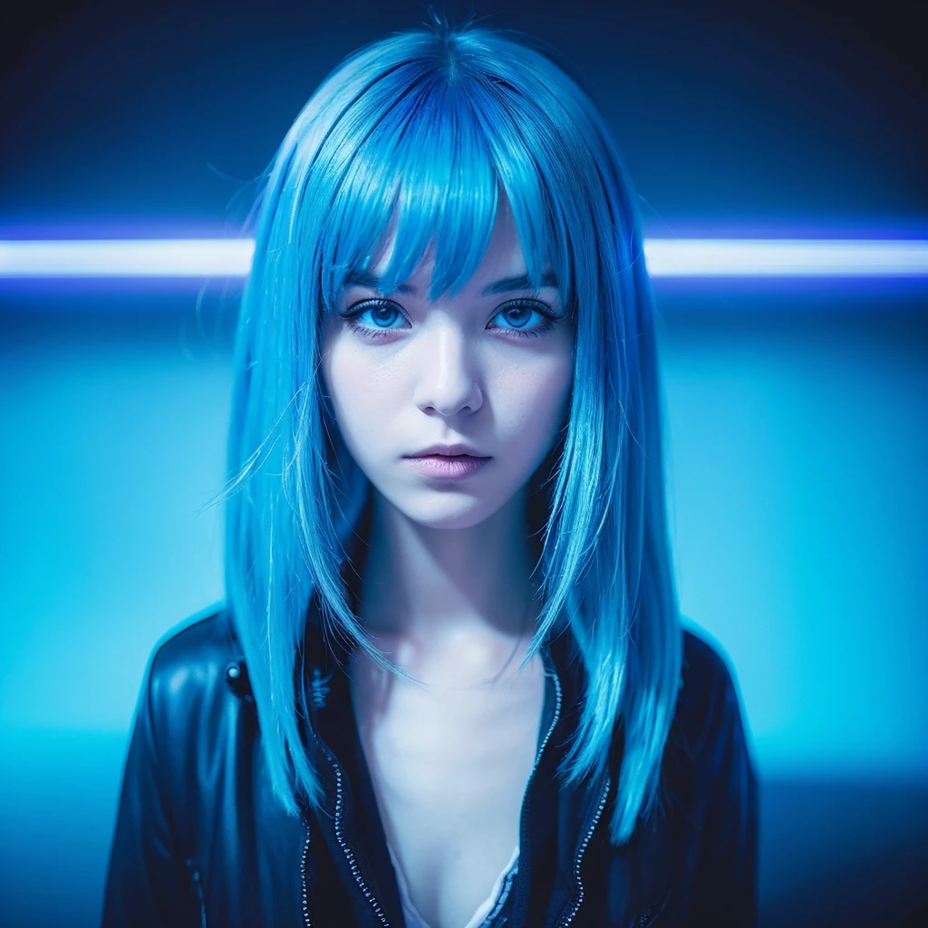 MYSTERY, intrigue, 1 girl with blue hair, glare, futuristic background