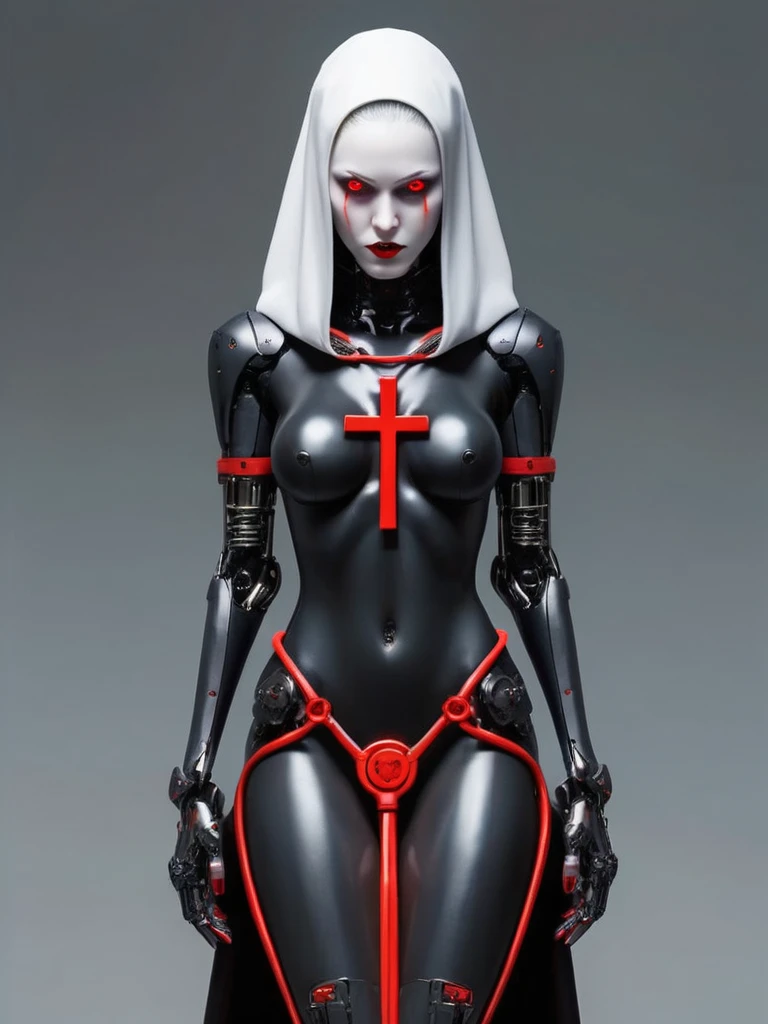 ral-opal, meahophontron, full body, woman robot face, Cyberpunk, devil nun, negro, looking at camera, body nun clothes, red eyes, primer plano looking at camera, realist, beautifull woman, sexy face, black clothes, gray and red, Red high heels, holding red crucifix.