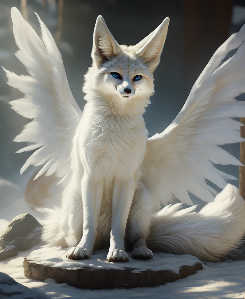 falvie 
asian_mythology east_asian_mythology mythology 
canid canine fox mammal will-o'-the-wisp 
2017 digital_media_(artwork) 
ambiguous_gender blue_eyes detailed_background feral fox_spirit fur kitsunebi multi_tail paws shrine sitting smile solo tail white_body white_fur, white angel wings, cute