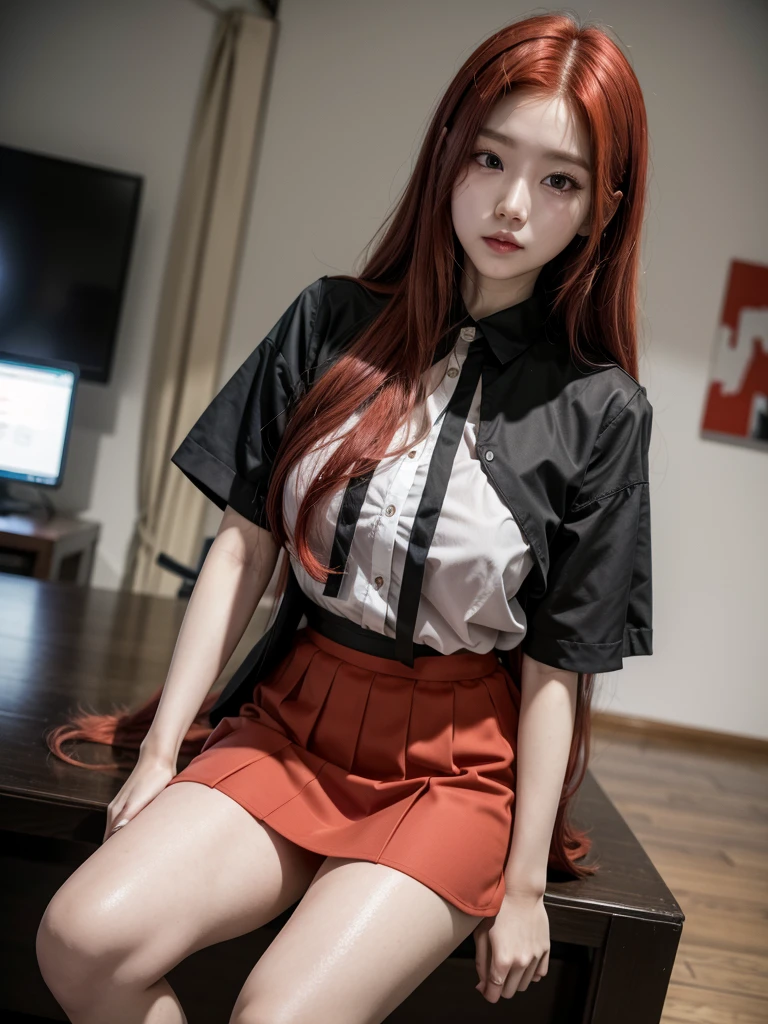  Korean with long red hair, wearing a short skirt and black blouse