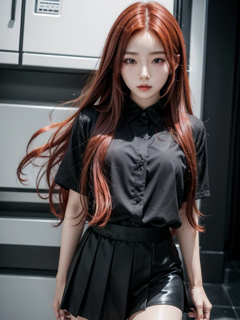 Korean with long red hair, wearing a short skirt and black blouse