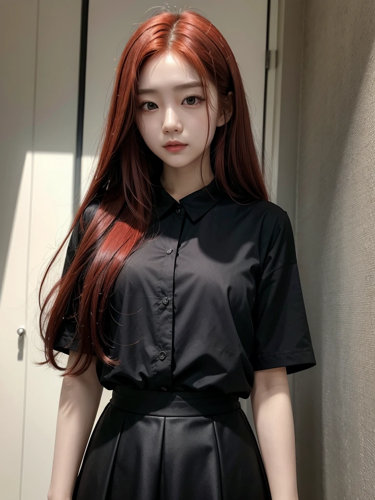  Korean with long red hair, wearing a short skirt and black blouse