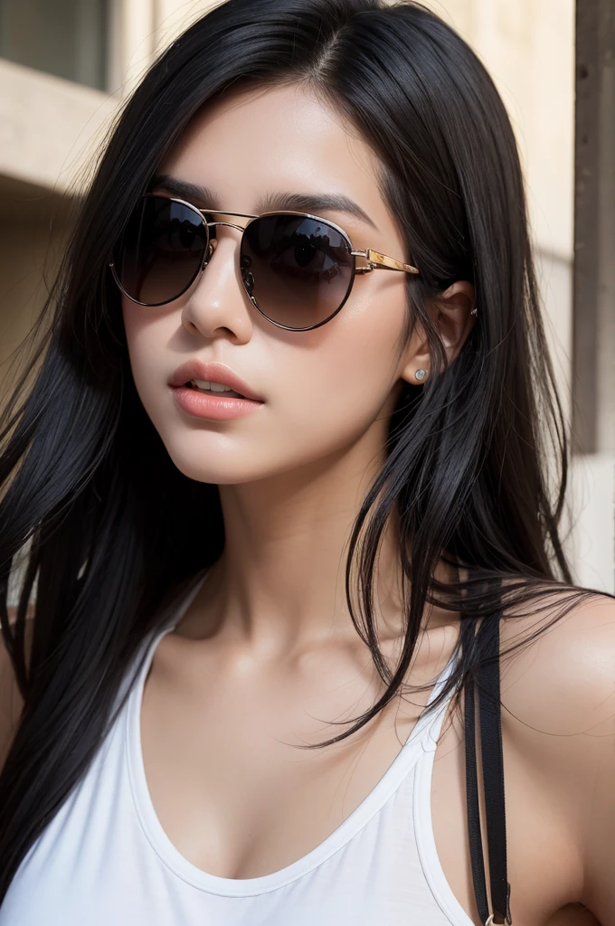 Raise a 20 year old girl, With shoulder-length black hair, wearing sunglasses, with Brazilian nationality, rosto angelical, eyes black