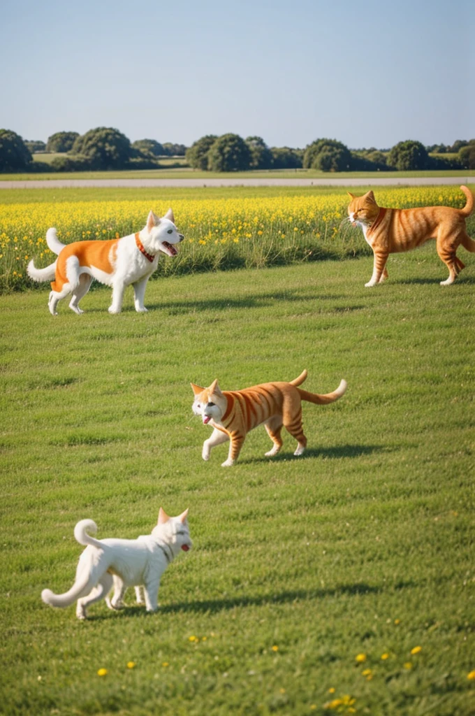 A white dog and an orange cat walking in a field 