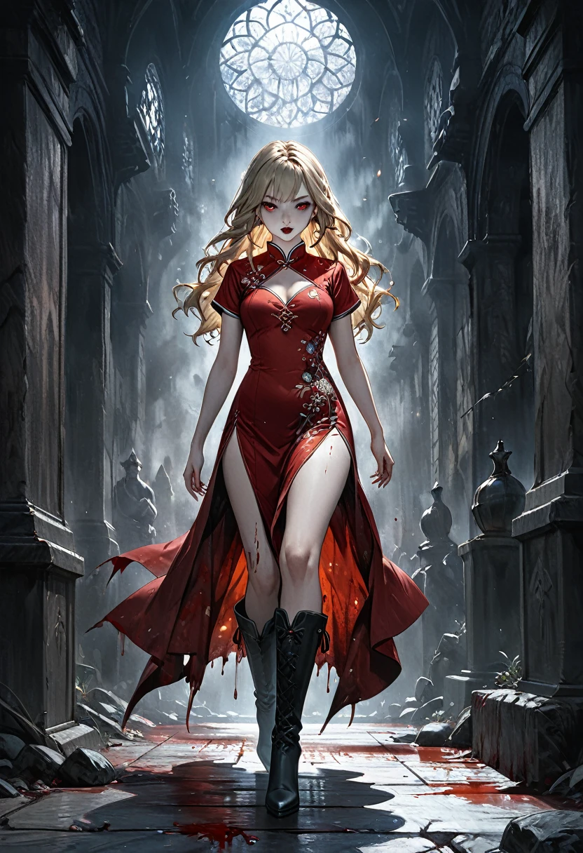 a beautiful female vampire wearing a ((blood stained: 1.5) white Cheongsam: 1.5), an extremely beautiful female vampire, ultra detailed face, blond hair, long hair, wavy hair, dark glamour make up, pale skin, red lips, (glowing red eyes: 1.2), visible (vampiric fangs: 1.2), she wears a ((blood stained white Cheongsam: 1.5)), elegant, intricate detailed Cheongsam, silk Cheongsam, small cleavage, ((Cheongsam is decorated with gems: 1.3)), she wears elegant knee high heeled boots, exquisite knee high heeled boots, there are stains of blood on the upper part of the dress, dynamic background, best details, best quality, highres, ultra wide angle, 16k, [ultra detailed], masterpiece, best quality, (extremely detailed), full body, ultra wide shot, photorealistic, fantasy art, dnd art, rpg art, realistic art, dark novel, Dark Art Painting Style