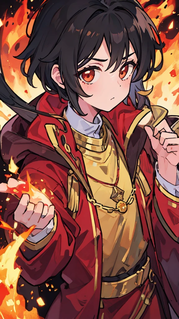 Human, man, mage, young, black hair, red pendant, red and gold robe, lance, fire in lance tip