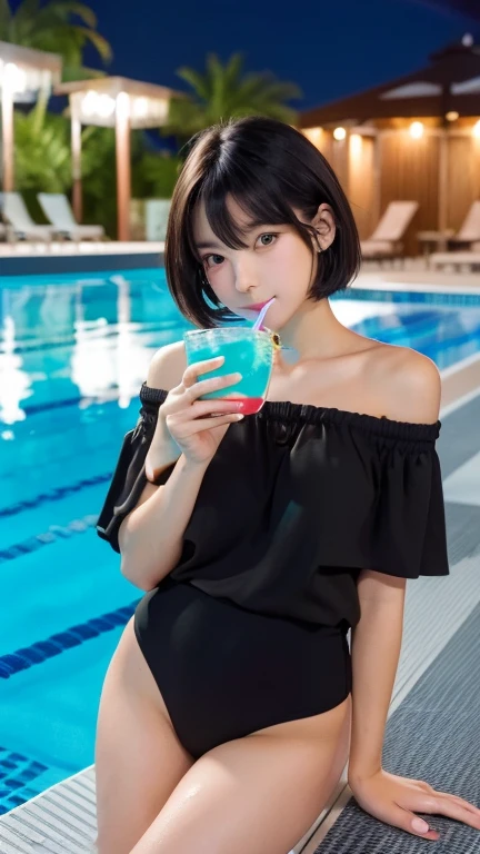 ((Girl drinking a drink at the pool at night:1.3)), (High resolution:1.3), (16K, Realistic, RAW Photos, Best image quality: 1.4), Japanese, (One Girl), Beautiful Face, (Lively Faces), (Black-haired、short hair:1.3), Beautiful Hairstyles, Realistic eyes, Beautiful and exquisite, (Realistic Skin), Beautiful skins, charm, High detail, Golden Ratio, Highly detailed cute girl,(20-year-old), Off the shoulder、Nipples