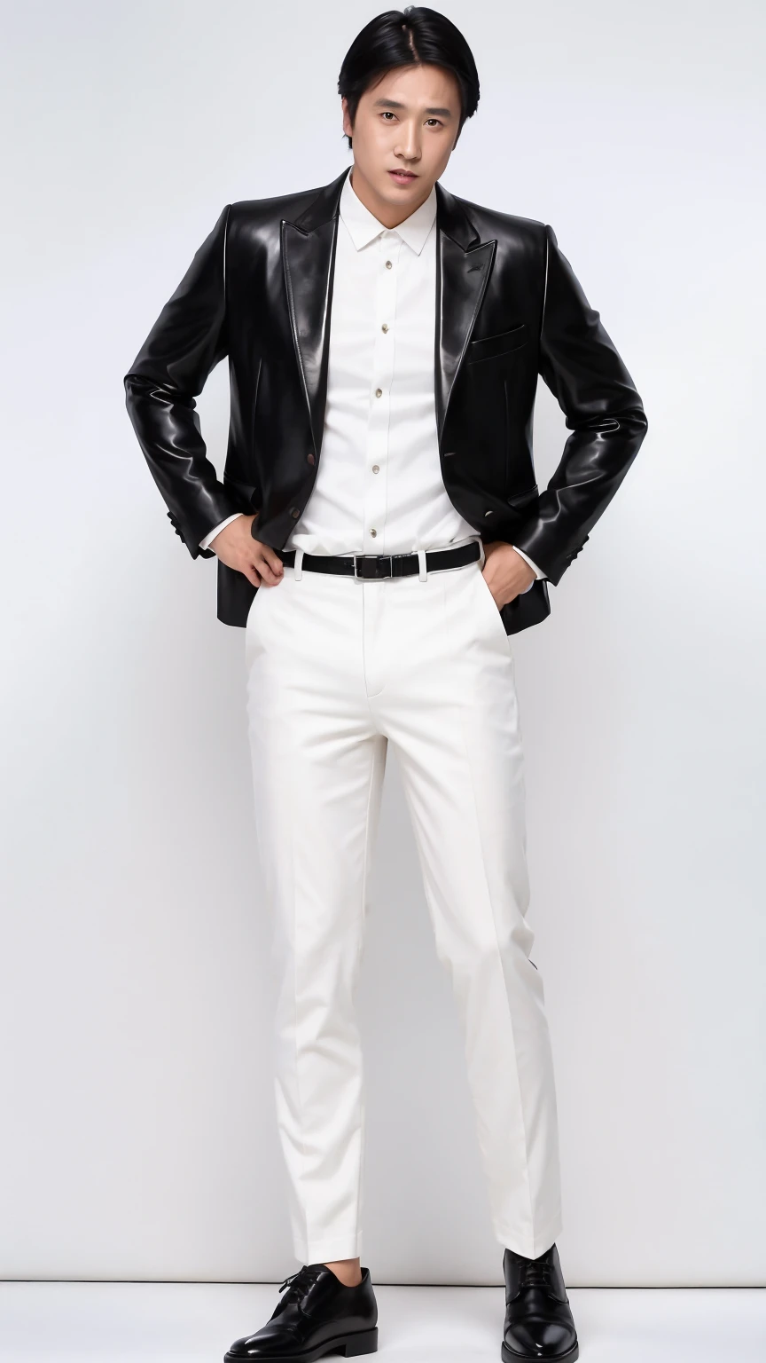 35-year-old man， Soft headlights，High-density imaging，((short hair))，((Black suit))，((White shirt))，((Various dynamic poses))，((Full body image))，((Black leather shoes))，((Background is white curtain))，best quality，masterpiece，（Soft colors：1.2）